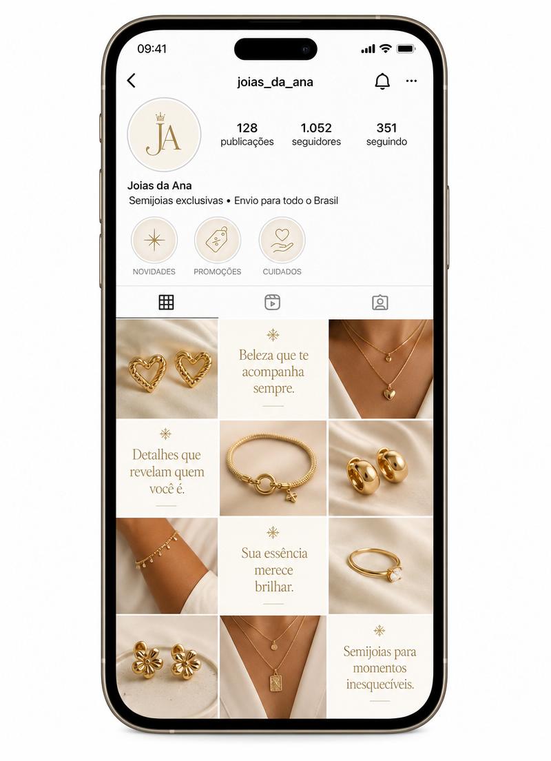 Celular mostrando um feed de Instagram coeso criado com os templates Vellora
