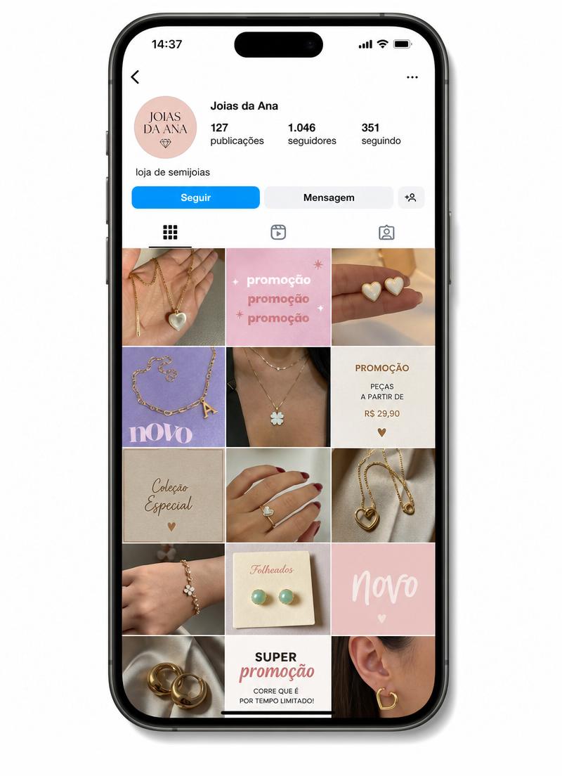 Celular mostrando um feed de Instagram inconsistente de uma loja de joias