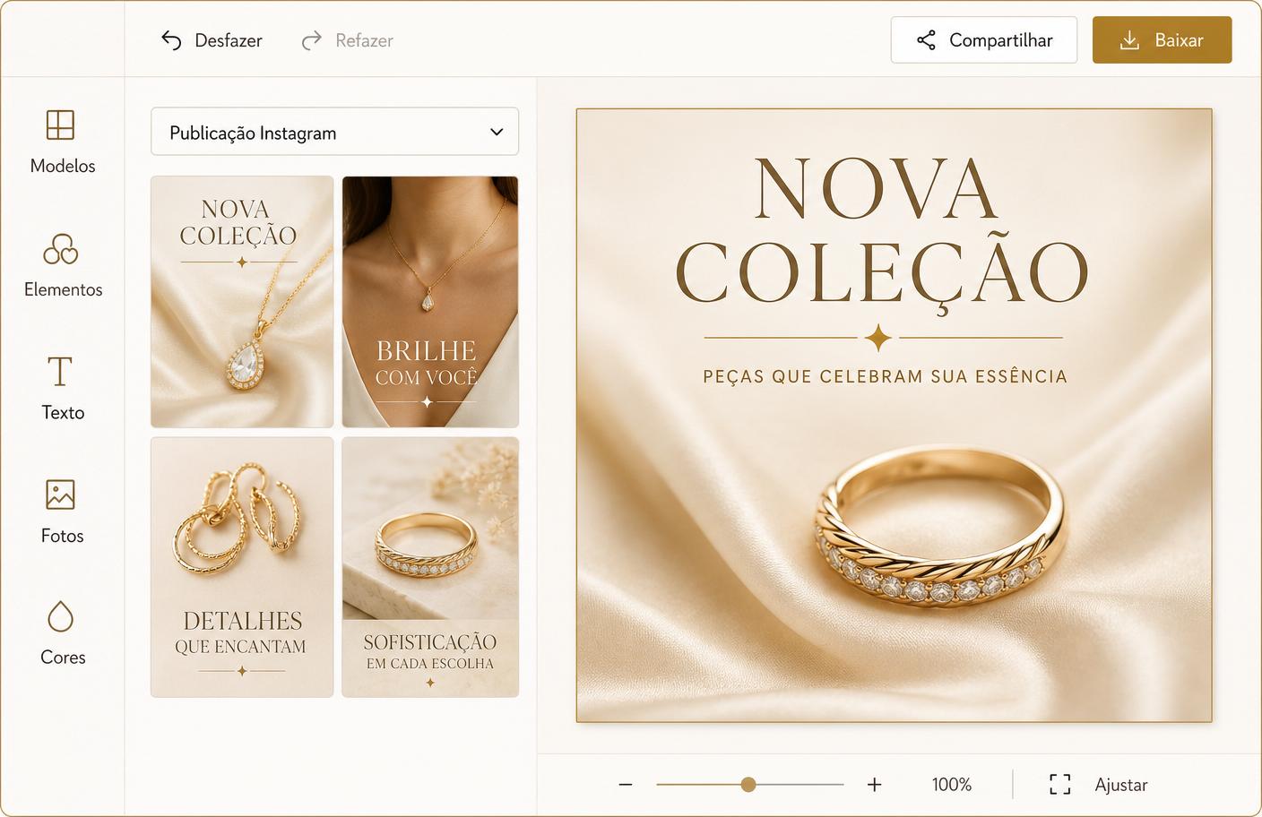 Um template de joias sendo personalizado em um editor de arrastar e soltar
