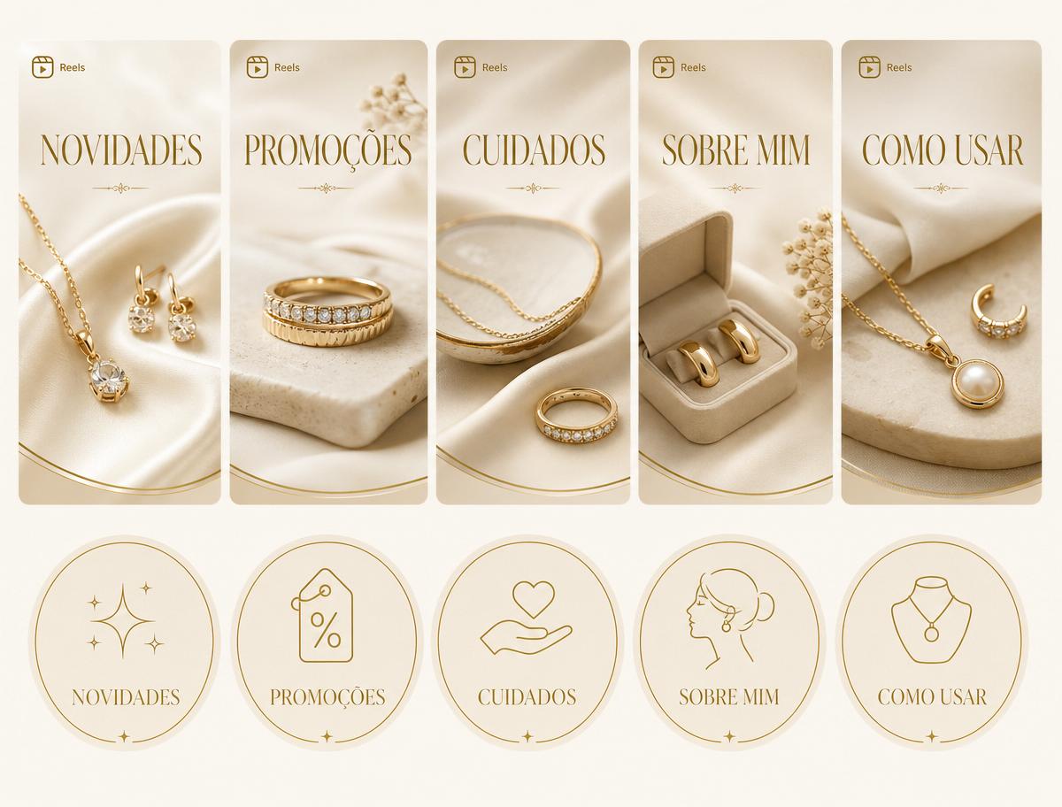 Templates de reels e capas de destaques para marcas de joias
