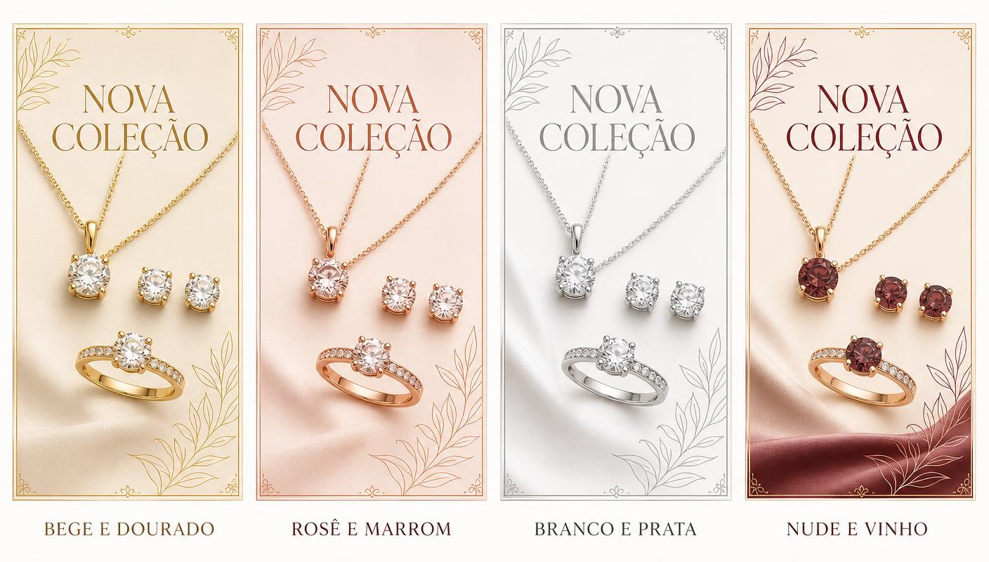 Um template de joias mostrado em bege e dourado, rosê e marrom, branco e prata, e nude e vinho