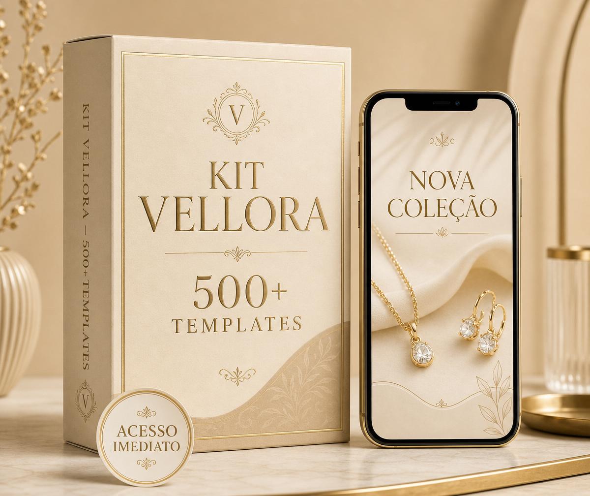 O kit de templates Vellora apresentado como uma caixa premium ao lado de um celular com templates de joias